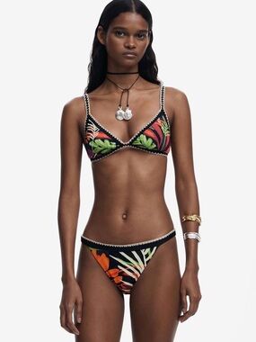 Desigual Black Tropical Leaf Print Triangle Bikini